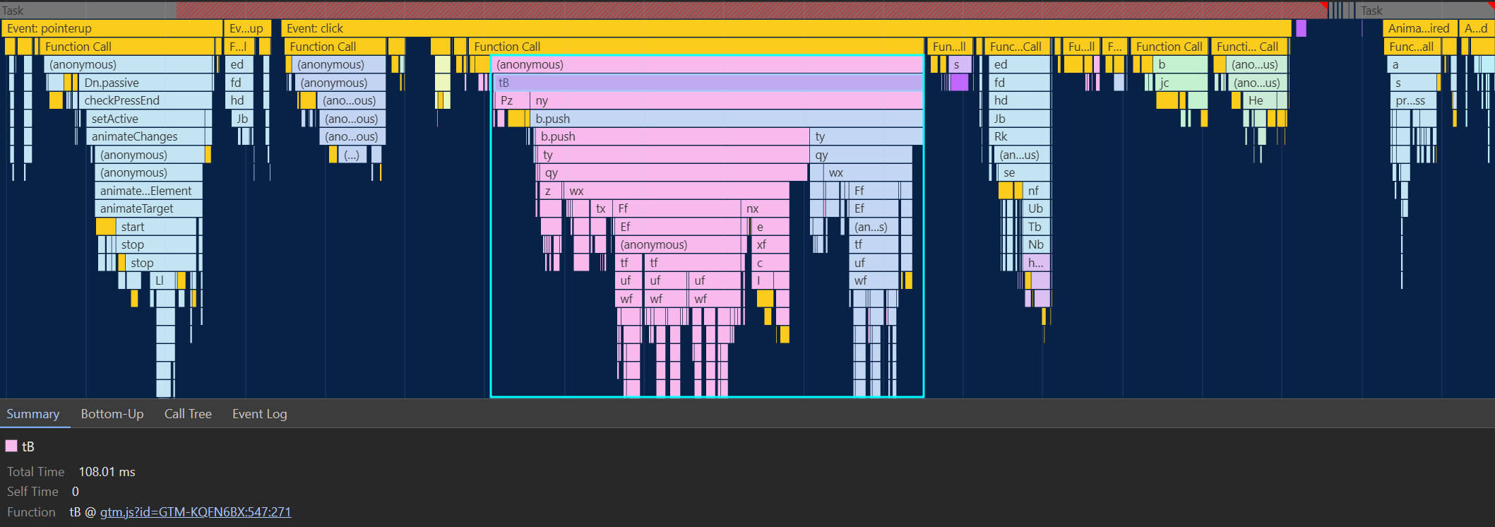 Screenshot of a DevTools trace showing how GTM takes around 100ms on the click event