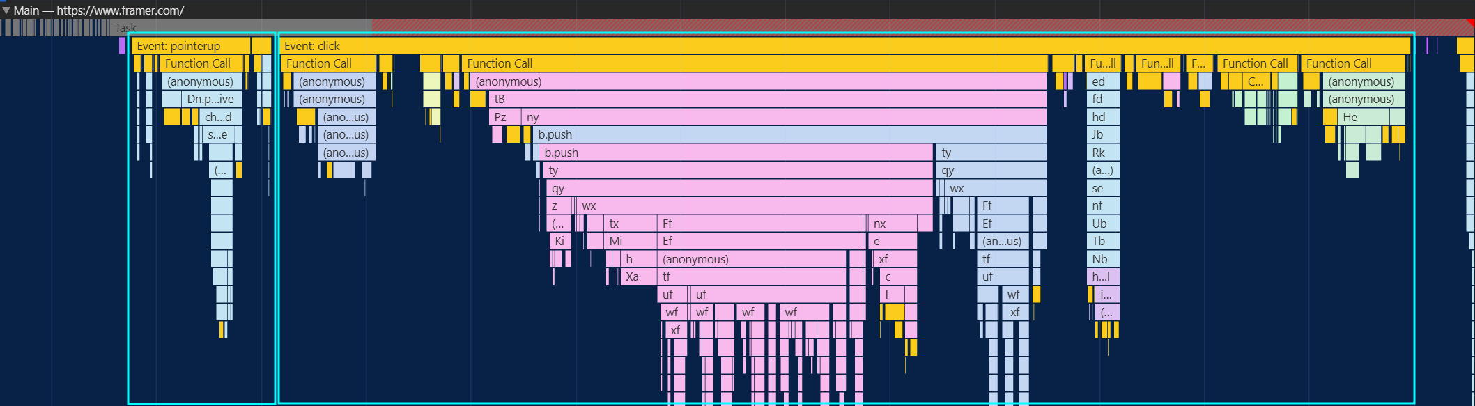 Screenshot of DevTools showing a short pointerup event related task, immediately followed by click event related tasks, with no paint inbetween 