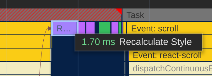 Screenshot of a DevTools trace showing 1ms style recalc