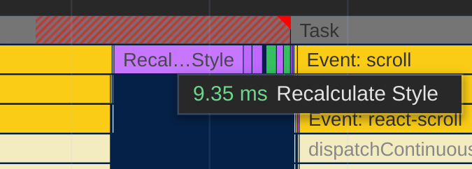 Screenshot of a DevTools trace showing 9ms style recalc