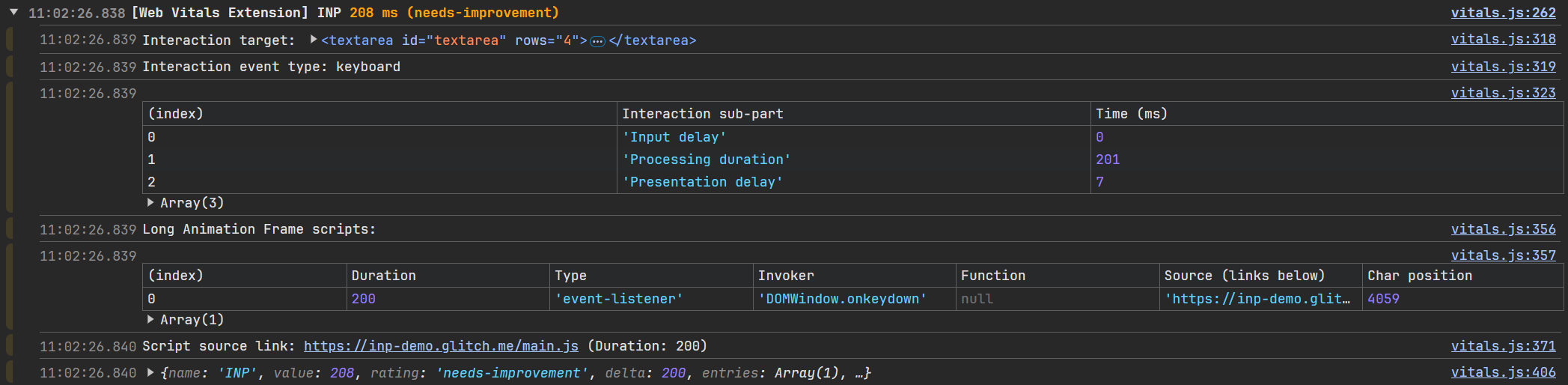 Screenshot of the DevTools console showing a table log created by the Web Vital chrome extension