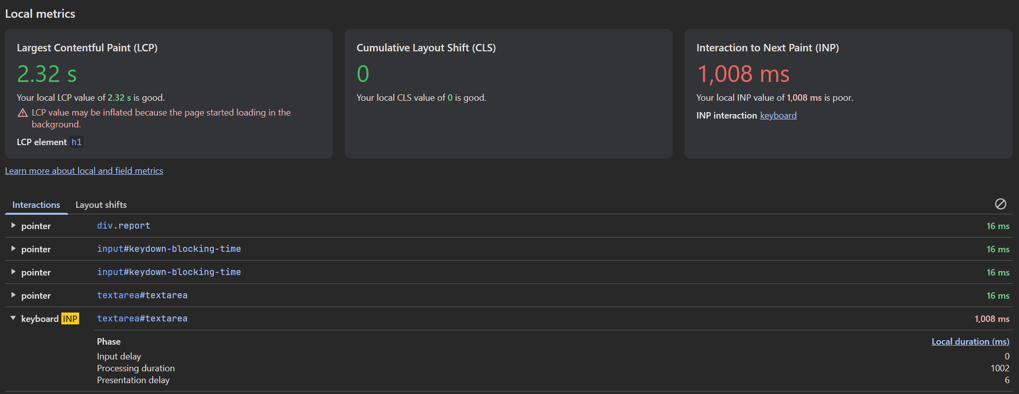 Screenshot of the Chrome DevTools performance tab