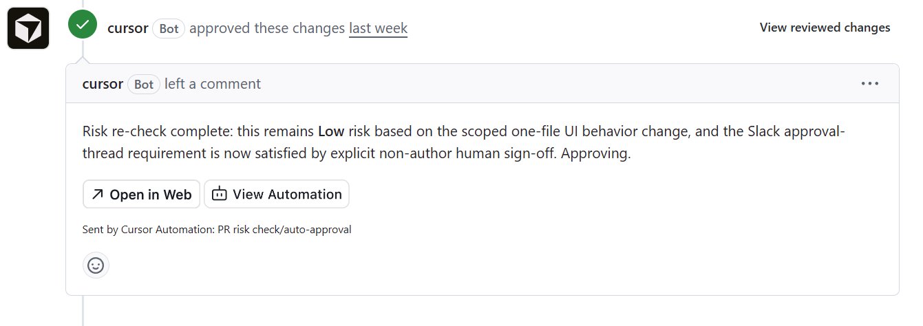 Cursor automation approves a pull request after verifying non-author human Slack sign-off