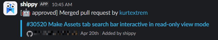 Slack notification from Shippy announcing that an auto-approved pull request was merged